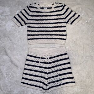 Aerie Cream and Navy Striped Crochet Knit Coord Set Top & Shorts Size Small